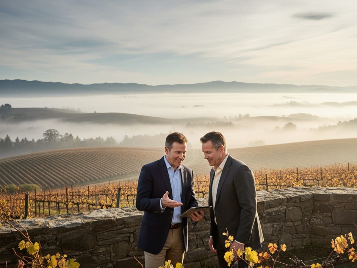 Business partners shaking hands in front of Sonoma vineyard representing buy-sell agreement