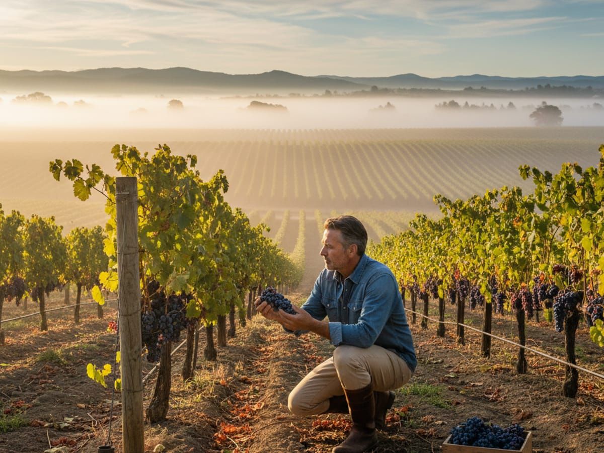 Professional winemaker inspecting grapevines in Sonoma vineyard representing key person insurance