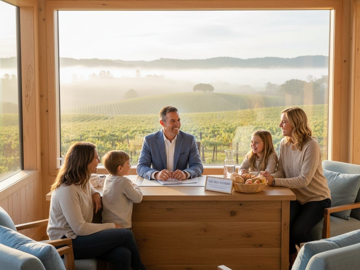 Insurance advisor meeting with local wine country family in welcoming office