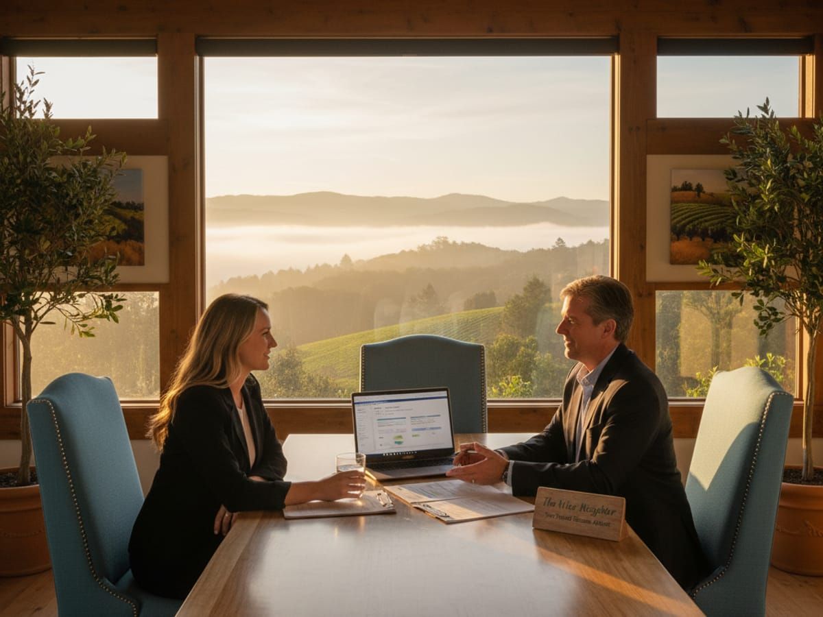 Friendly insurance agent consulting with young family in welcoming Sonoma office