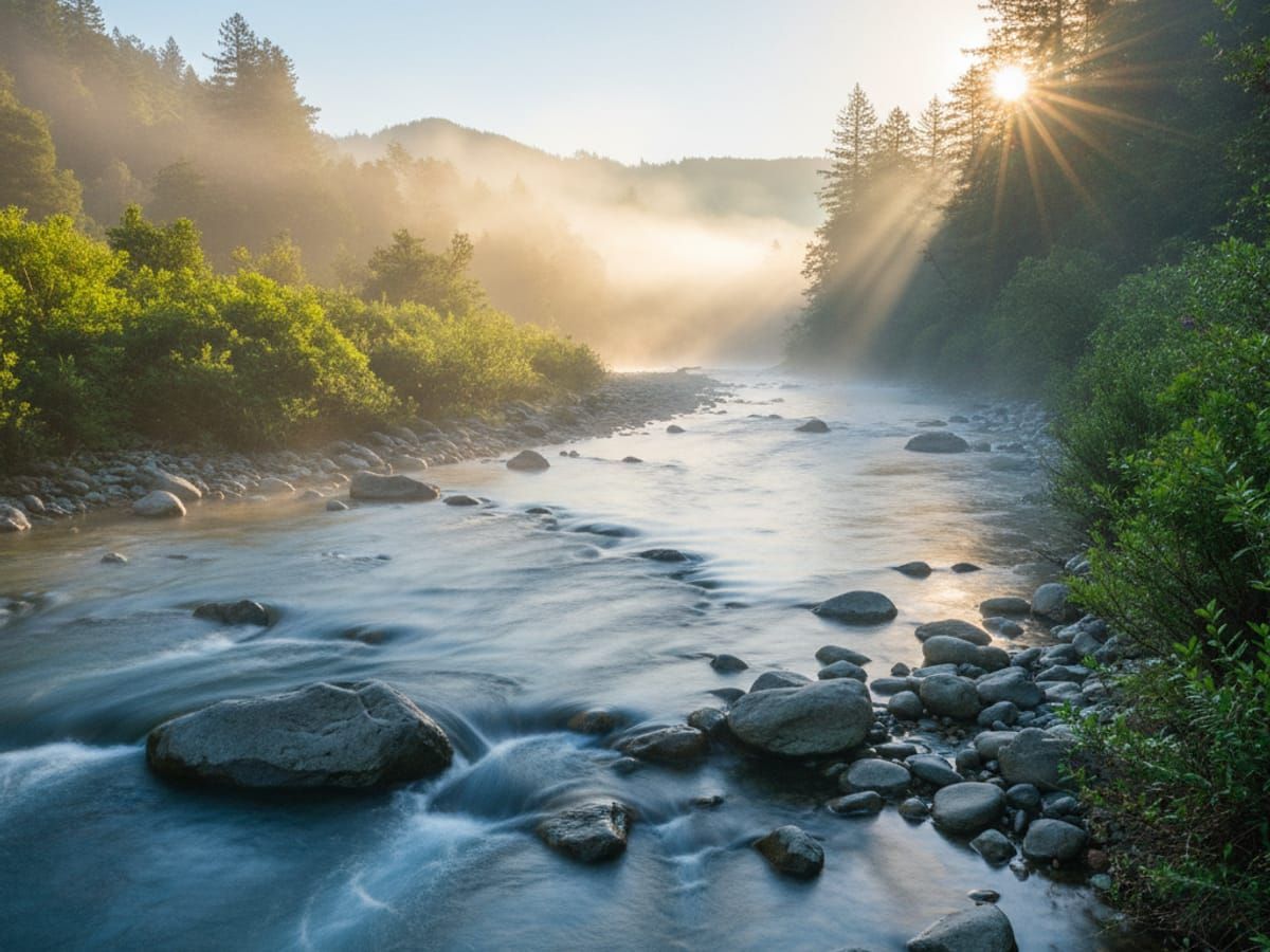 Russian River with morning mist and lush vegetation along the banks